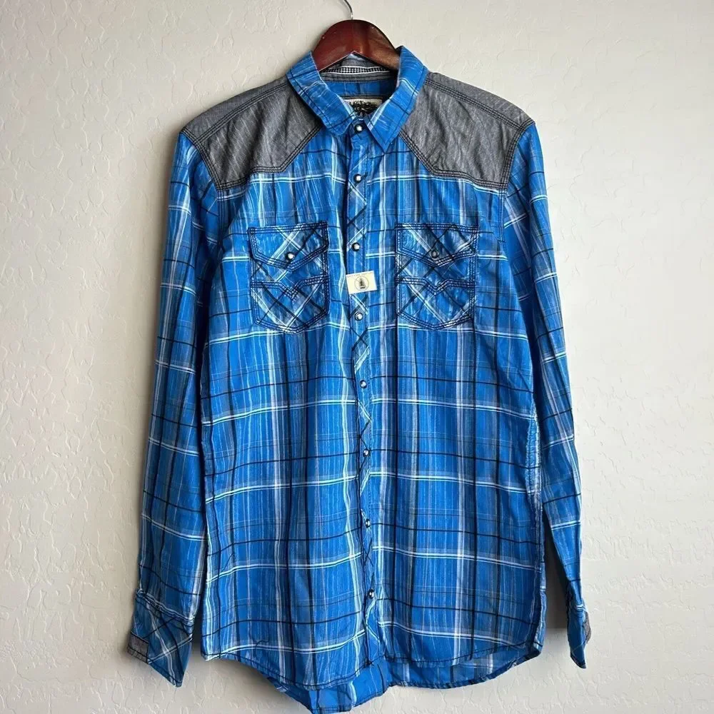 BKE Buckle Vintage Pearl Snap Shirt Men's Large Long Sleeve Plaid Blue 1967 NEW